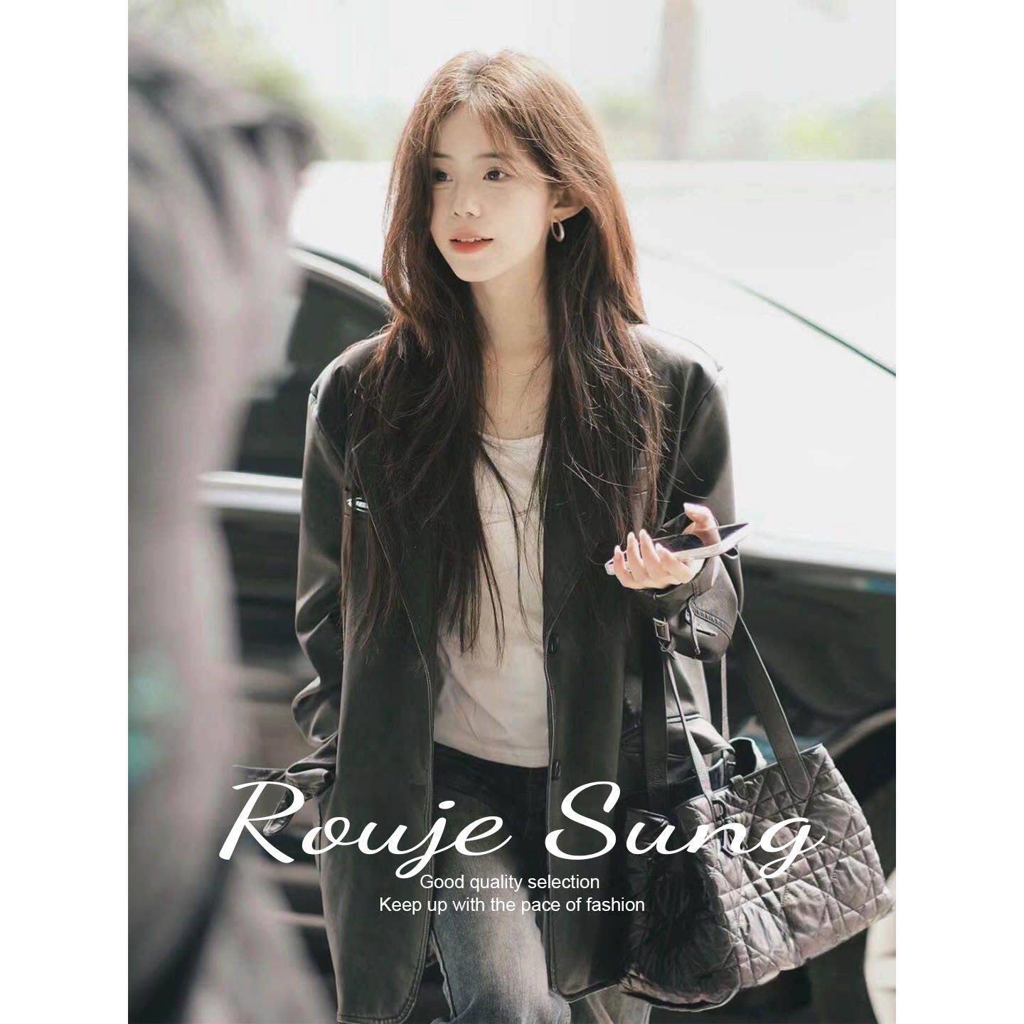 ROUJE SUNG黑色皮衣外套女春秋小个子复古高级感宽松显瘦夹克上衣