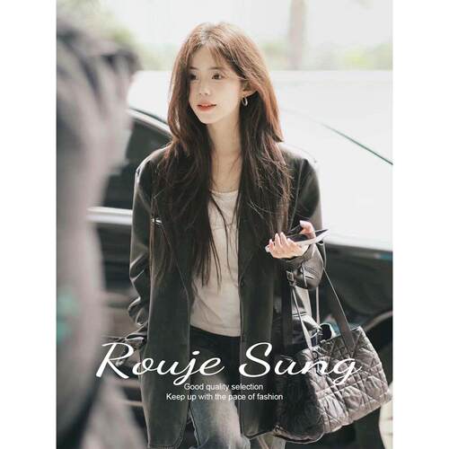 ROUJE SUNG黑色皮衣外套女春秋小个子复古高级感宽松显瘦夹克上衣