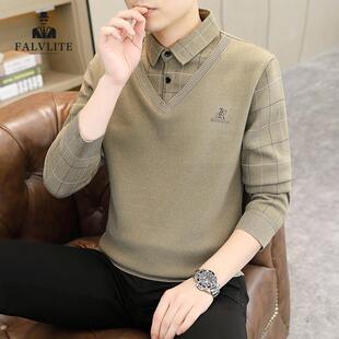 毛衣 男假领保暖内搭针织加绒加厚衬衫 FALVLITE秋冬季 假两件打底衫