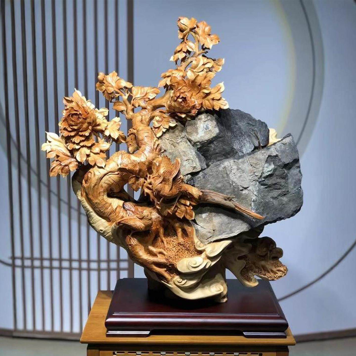 太行崖柏根雕山水花鸟风景木雕摆件迎客松盆景玄关人物家居装饰品