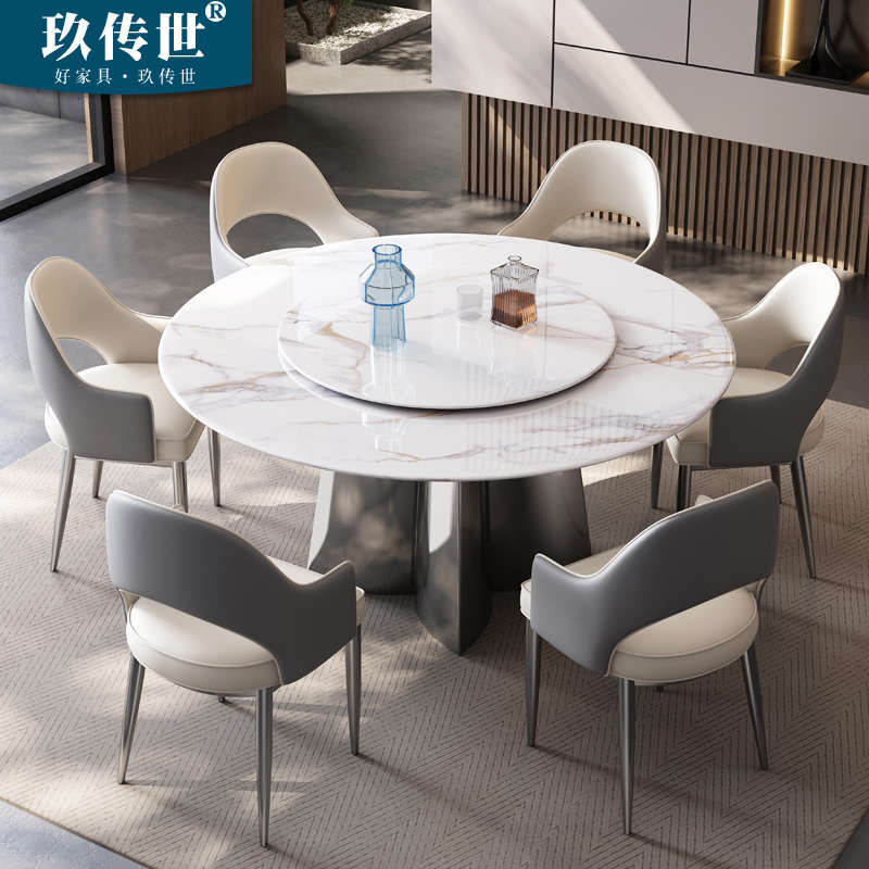 圆形大理石餐桌椅超晶石轻奢家用简约现代小户型岩板吃饭桌带转盘