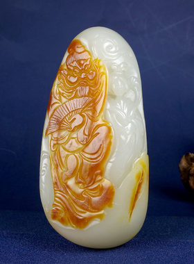 G钟馗嫁妹增值保真新疆和田玉白玉细料枣红皮俏色钟馗把件366.80g