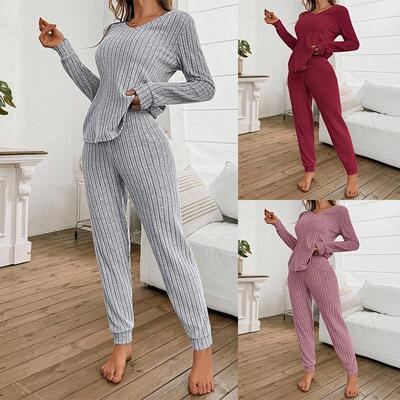 Women's Knitted Pit Strip V-neck Long sleeved Pants