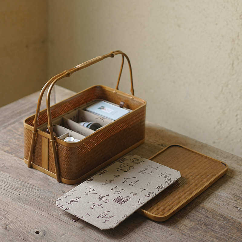 中式覆古竹编提篮食盒双层带盖长方形手提茶箱功夫茶具收纳盒,餐饮具,茶具礼盒,淘宝优惠券,粉丝福利购,淘宝优惠卷
