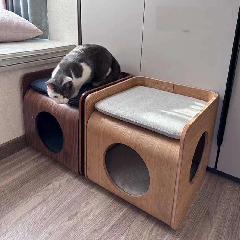 实木双层猫窝茶几水曲柳家具 原木色系简约宠物窝