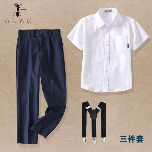 新款六节儿礼服表演学出服装男孩小生主持人短一袖白衬衫套装抱童