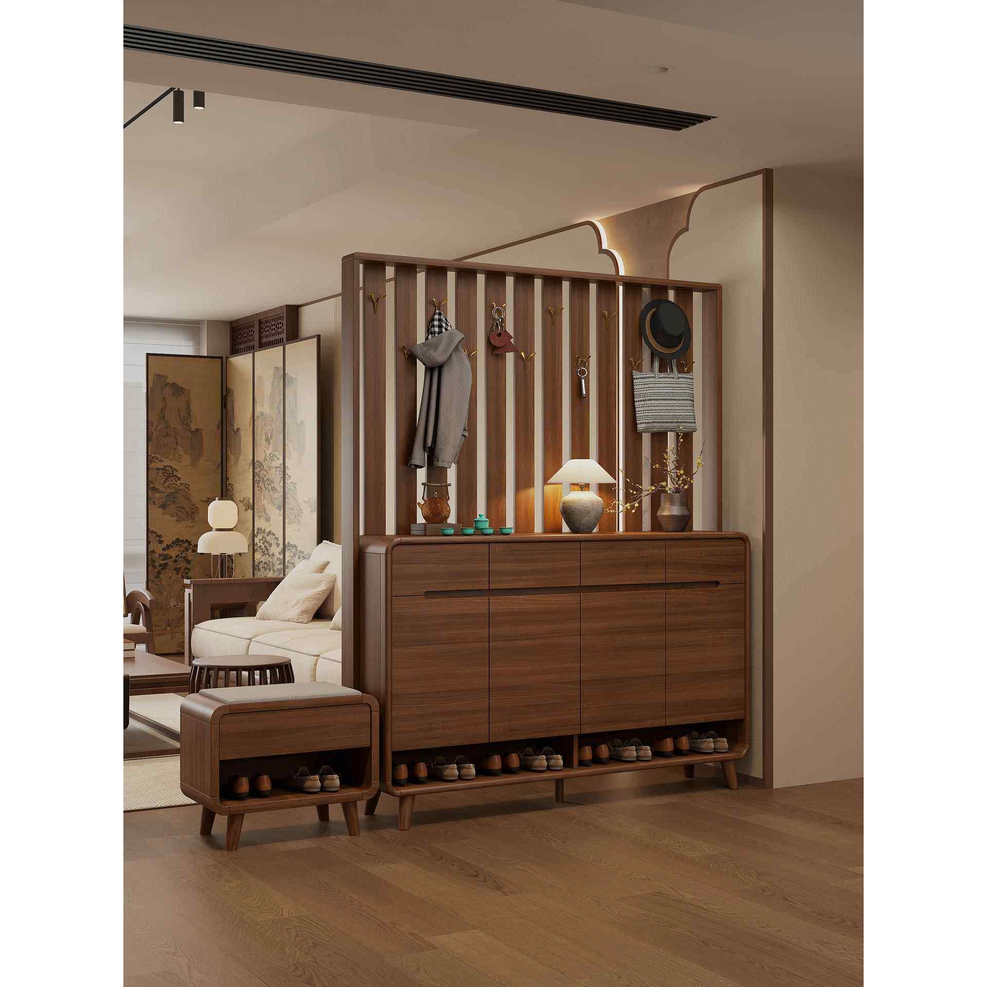 新款中式鞋柜家用门口带挂衣架一体坐凳进门客厅入户隔断玄关柜子,住宅家具,鞋柜,淘宝优惠券,粉丝福利购,淘宝优惠卷