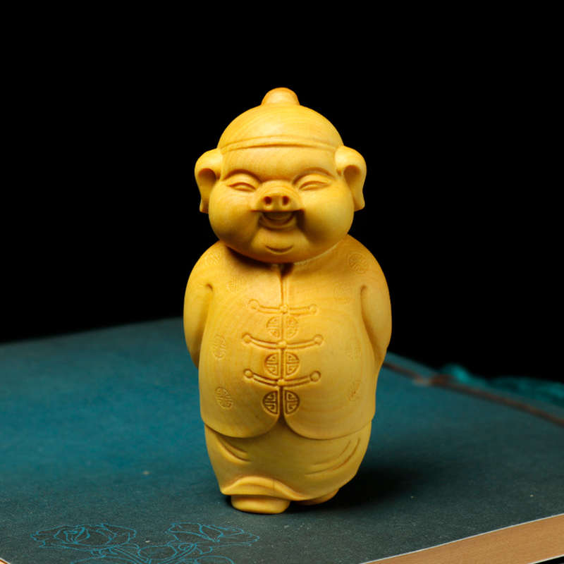 文玩摆件件猪财主手把木雕黄杨工艺品福地主把雕刻件家装