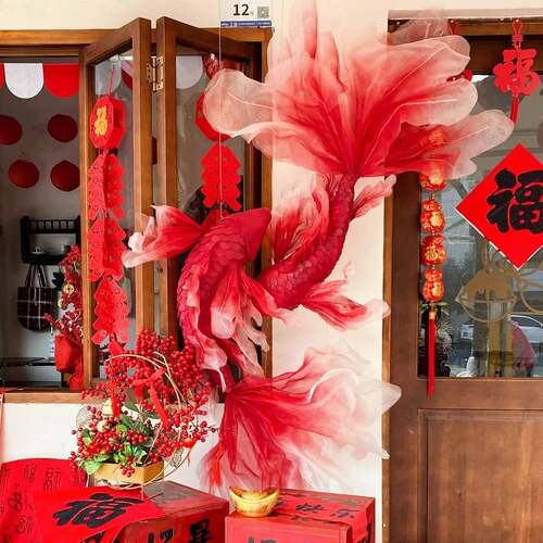 元旦2026新年装饰氛围感锦鲤摆件成品红锦鲤挂饰60cm场景装扮布置
