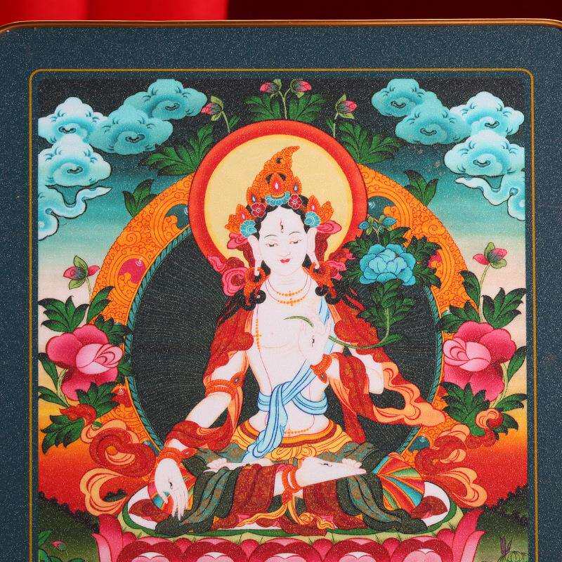 藏式白度母铂金实木烤漆相框摆件挂画装饰画家用十相自在唐卡图