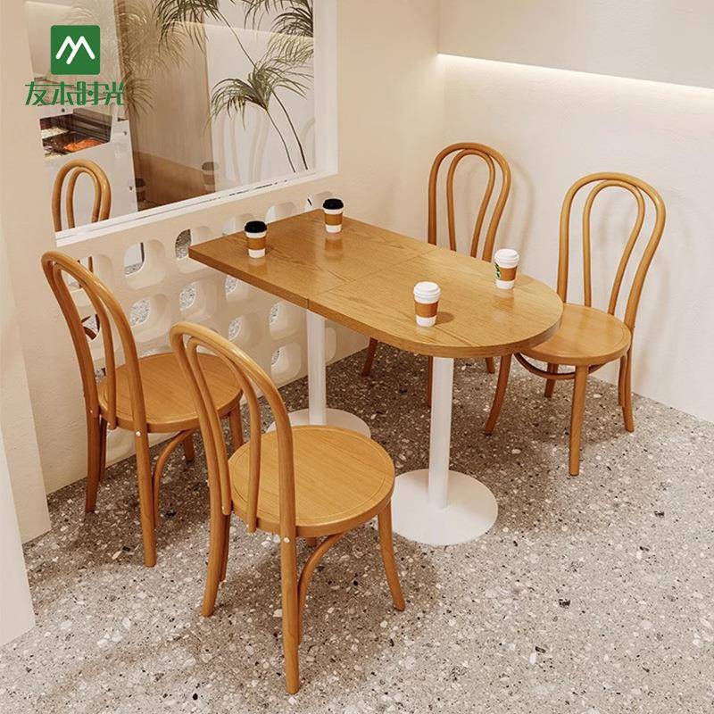 原木风休闲咖啡厅桌椅组合奶茶店餐桌商用小吃烘焙店实木餐饮桌椅