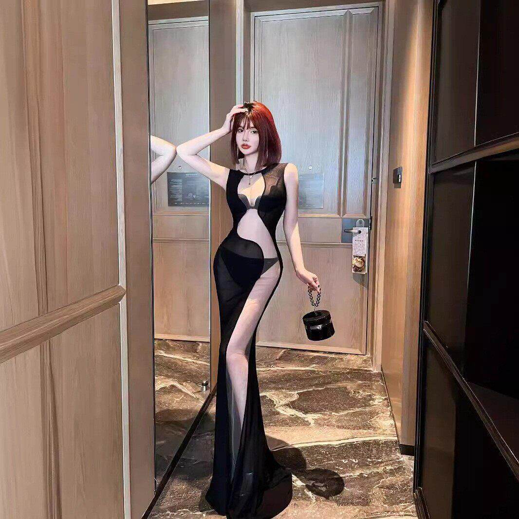 夜店性感连衣裙网纱拼接透视长裙晚礼服桑拿技师工服夜场上班衣服