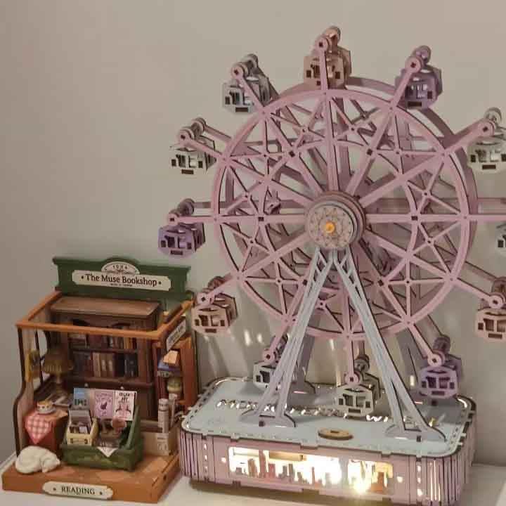 DIY木质3D立体拼图异形拼图摩天轮模型木质机械高难度组装八音盒