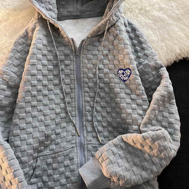 简遇luck品质女装华夫格外套oversize美式宽松bf慵懒风灰色卫衣连