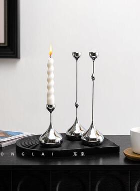 意式轻奢金属水滴银色烛台摆件样板间餐桌法式高级感小众软装饰品