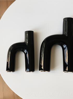 新款Homeside黑色h型花陶瓶器北欧极简不规瓷则字母花异形装饰摆