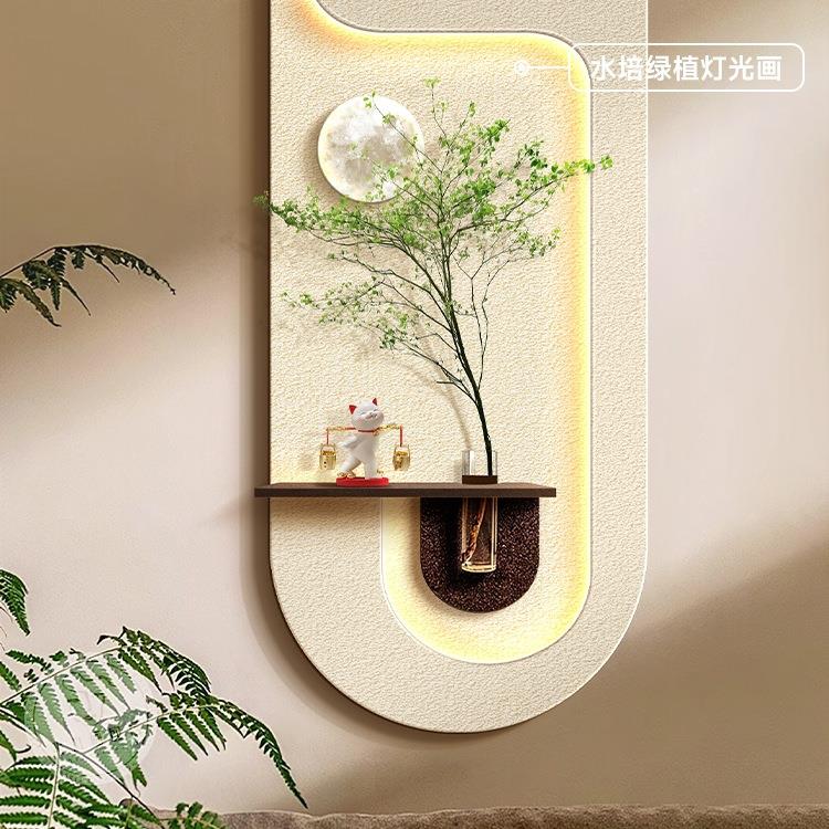灯光饰画培绿植玄关水装画入户壁正对OXC门法式奶油风挂画走廊过