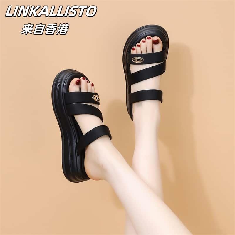 香港LINKALLISTO2025夏季新款简约一字带厚底休闲外穿罗马凉拖女