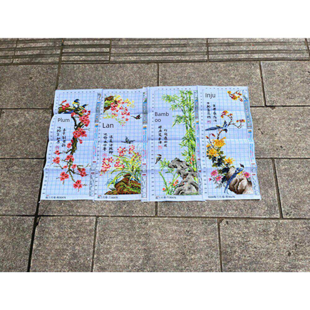 兔妈妈纯手工十字绣成品梅兰竹菊竖版四联画客厅玄关山水画包邮