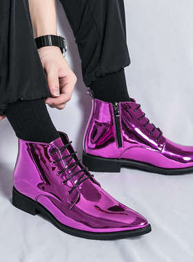 紫色男鞋秋冬季高帮皮鞋休闲漆皮亮面尖头马丁靴ins潮百搭47大码