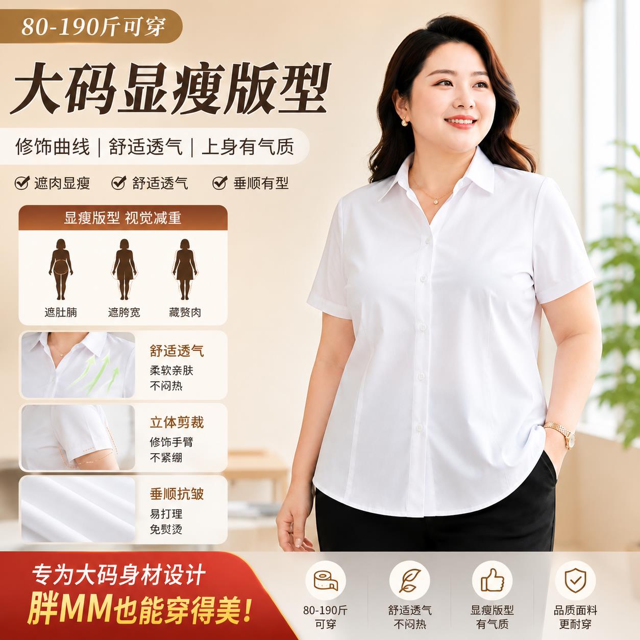 大尺码白色职业衬衫女短袖夏季胖mm酒店前台工作服正装免熨烫衬衫