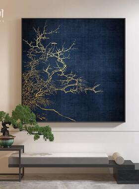 新中式高级感蓝色肌理枝头花鸟入户玄关客厅装饰画壁画方形挂画