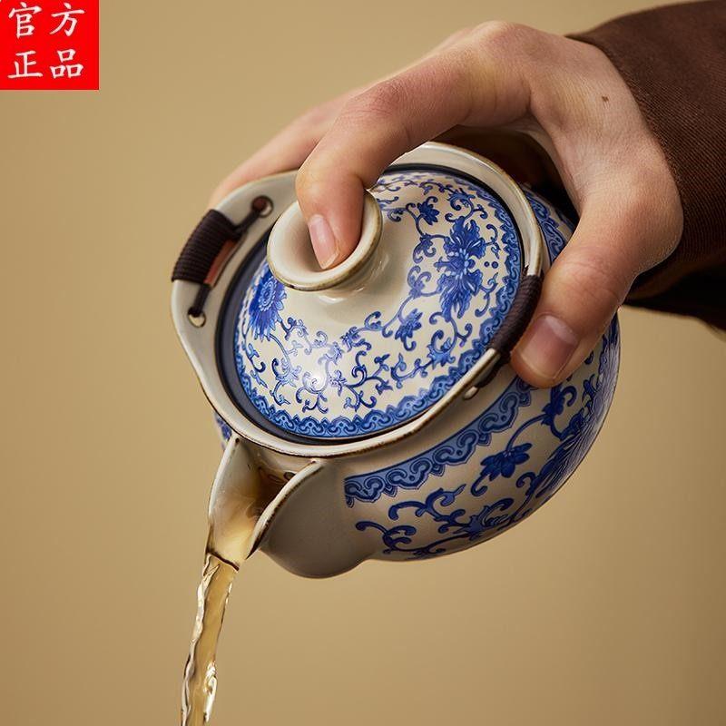 新款景德镇青花汝窑手抓壶盖碗茶杯高档大号家用防烫泡茶壶功夫茶