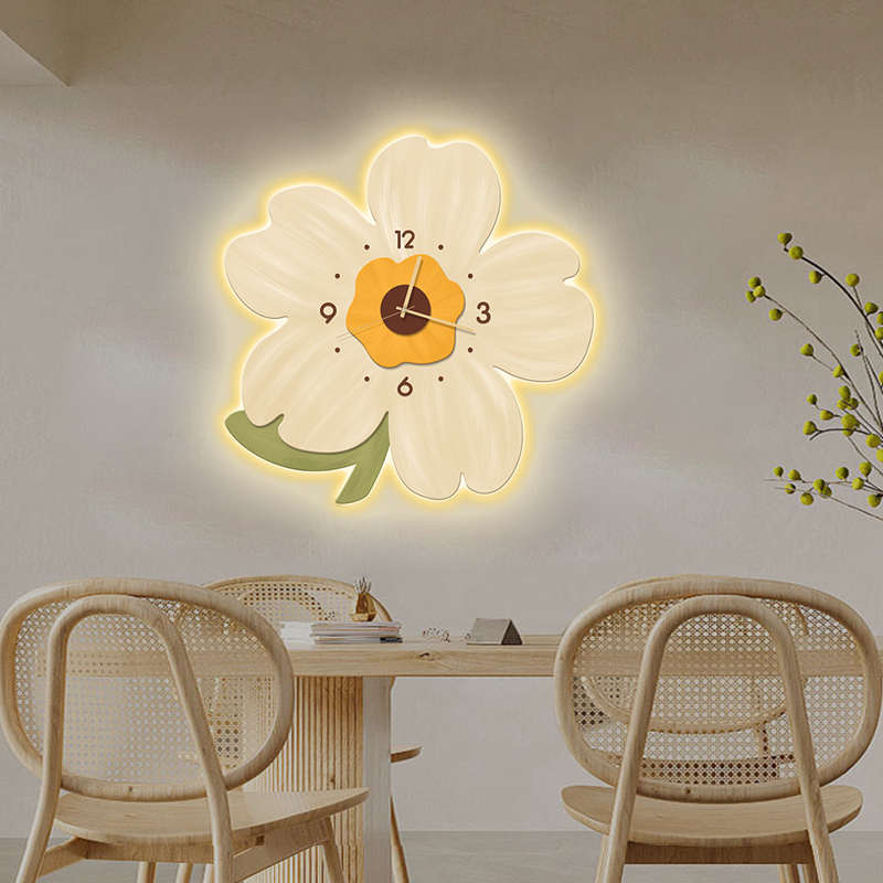 客厅钟表家用挂钟异形花卉装饰画LED墙上灯画餐厅创意奶油风时钟