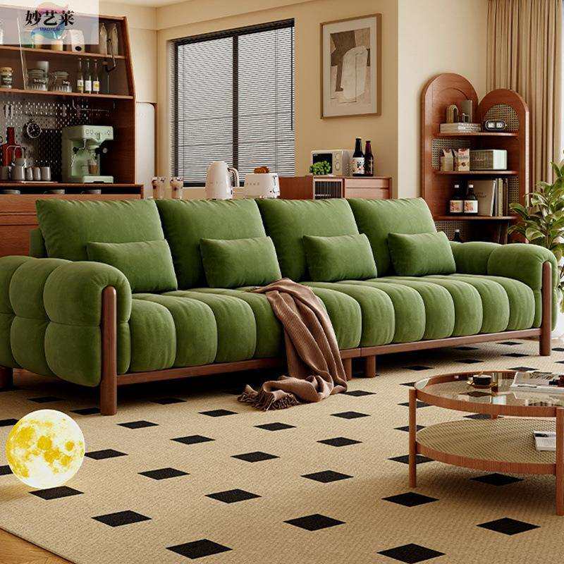 复古时尚钢琴键实木沙发中古风轻奢客厅小户型新款皮布沙发家用