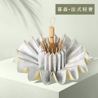 三折16股复合彩胶手开晴雨伞复古女实木手柄遮阳伞彩胶防晒太阳伞