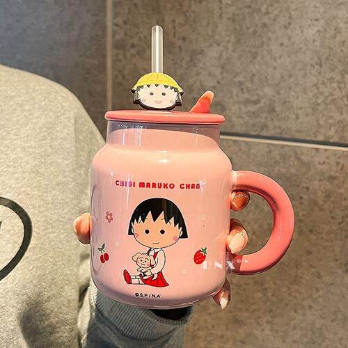 樱桃小丸子马克杯2025新款女生高颜值陶瓷水杯吸管杯子牛奶咖啡杯