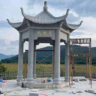 石雕凉亭双层户外园林石头亭子公园晚霞红花岗岩凉亭长廊景观雕塑