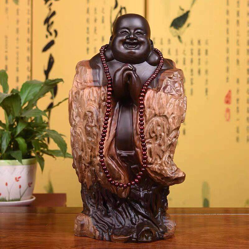 黑檀实木雕刻弥勒佛根雕摆件大号恭喜笑佛像工艺礼品摆饰红木家居