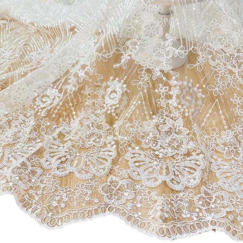 婚纱亮片车骨绳绣花蕾丝面料 珠片股绳绣花网纱股线蕾丝服装面料