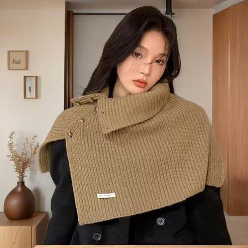 含羊毛韩版开叉高领毛线披肩女秋冬外搭针织套头脖套百搭保暖围