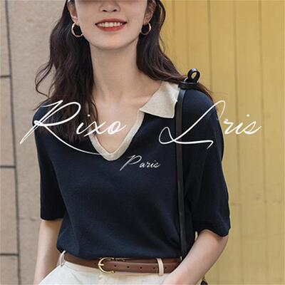 RIXO LRIS法式撞色正肩v领短袖针织衫t恤女夏季高级感polo衫上衣