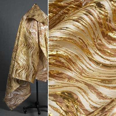 奶咖色鎏金波浪纹织锦缎提花面料 水波纹闪亮光泽重肌理国风布料