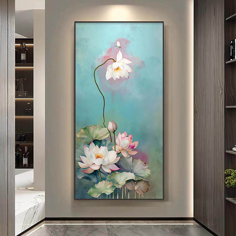 《荷韵晚风》 荷花入户玄关纯手绘油画大芬村走廊尽头挂画新中式