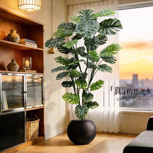 仿真绿植龟背竹客厅办公室室内中古风植物盆栽摆件落地装饰假树