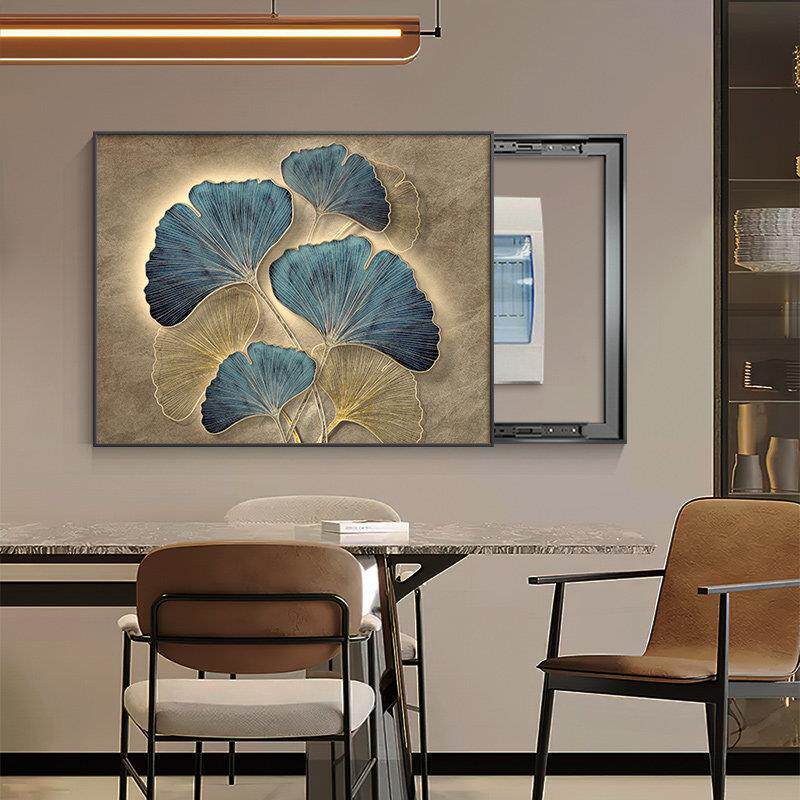 银杏叶电表箱装饰画轻奢高级感2024新款遮挡配电箱画推拉式开关盒