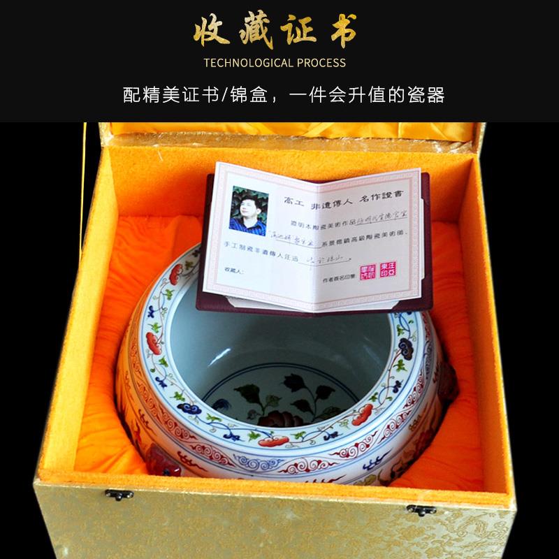 正品大明头宣德底款斗彩三狮金鱼缸景镇陶瓷器手绘德聚耳宝盆乌龟