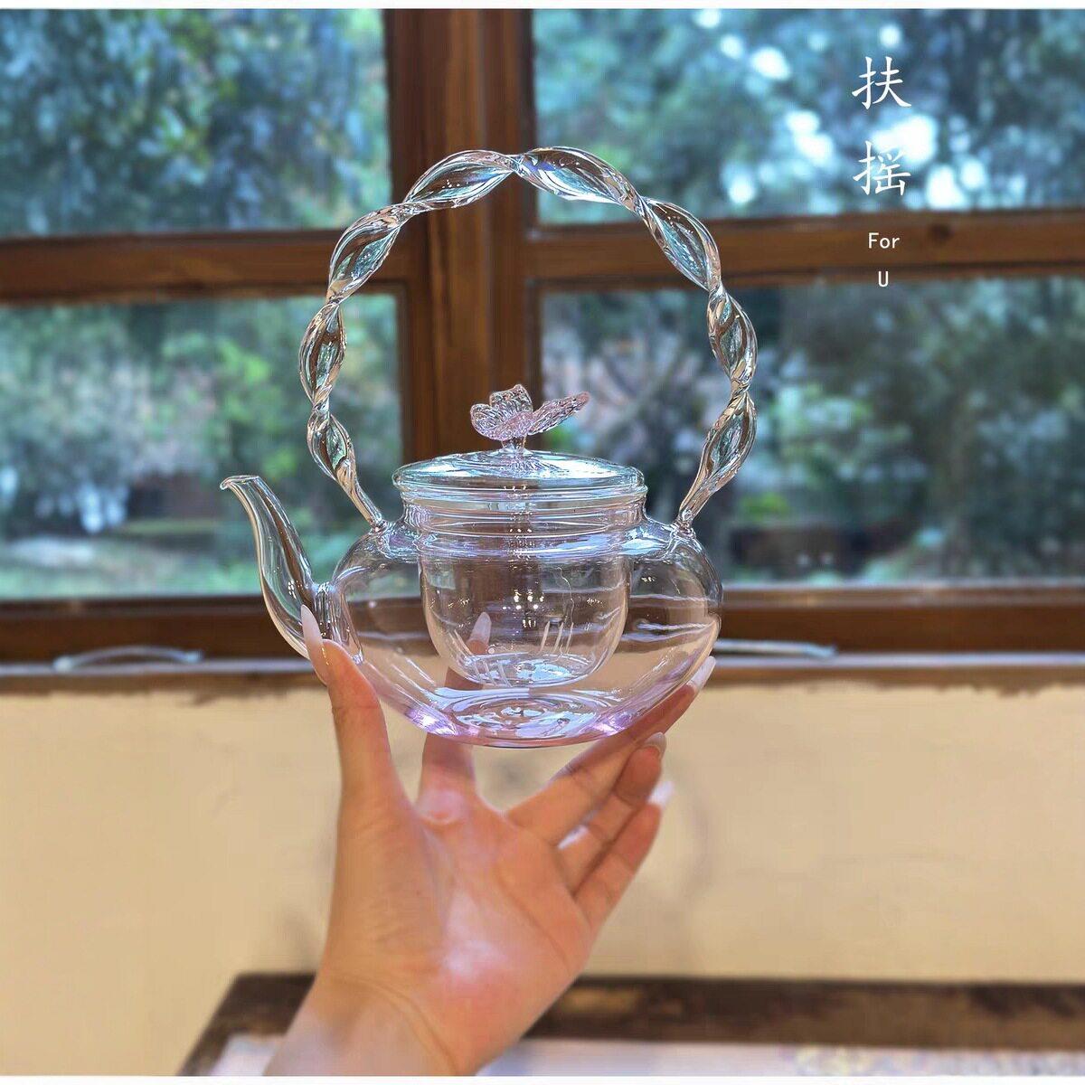 茶舍高档茶具女神花茶壶玻璃蝴蝶煮茶壶麻花把手提壶泡茶壶茶具