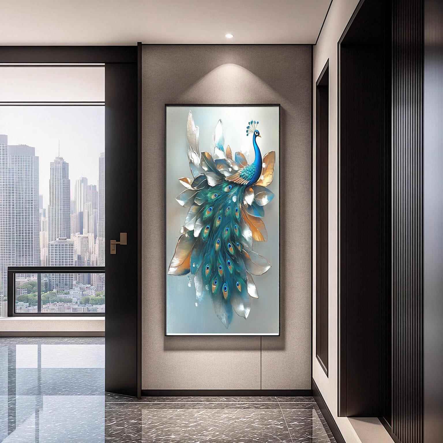 孔雀呈祥玄关装饰画大气过道走廊尽头壁画现代简约客厅墙画晶瓷画