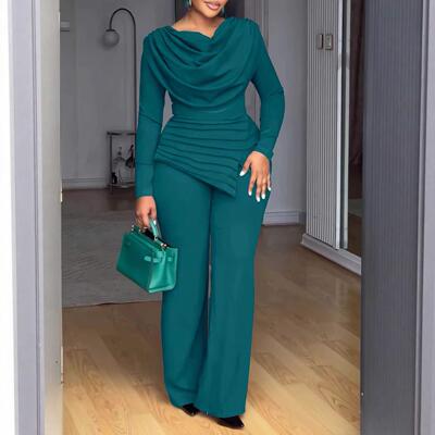 Cowl Neck Asymmetrical Patchwork Ruched Jumpsuit Casual Cinc