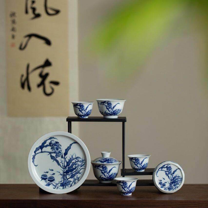 青花单翠功夫茶具套装中式家用泡茶器白瓷三才盖碗茶杯茶具整套