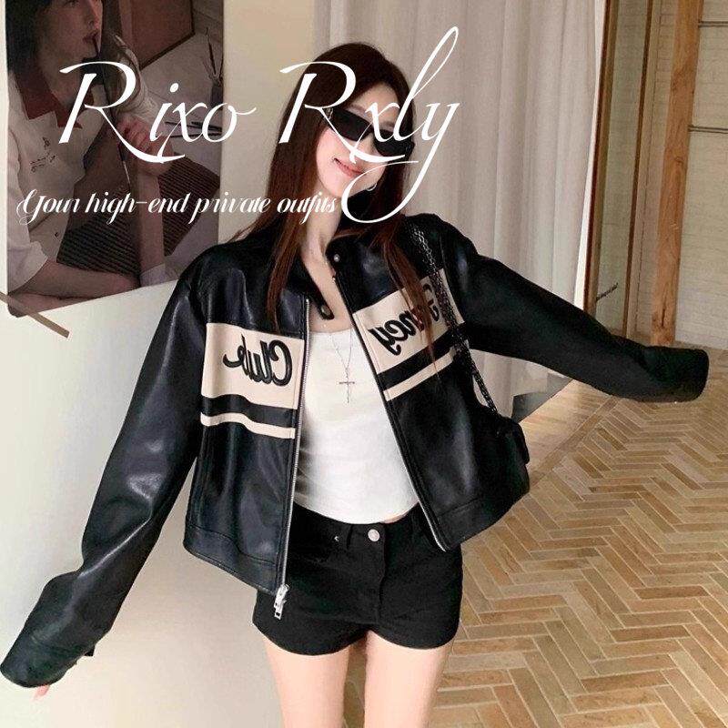 RIXO RXLY美式复古立领皮衣外套女春秋季撞色字母印花棒球服夹克
