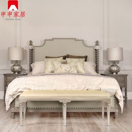 美式实木床art轻奢橡木，家具法式复古烟灰色，布艺软包双人婚床定制