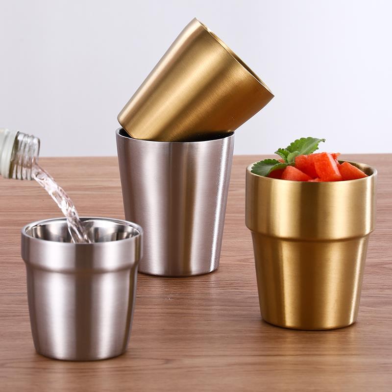 韩式304不锈钢水杯金色双层杯子商用饮料啤酒杯 餐饮口杯防烫茶杯