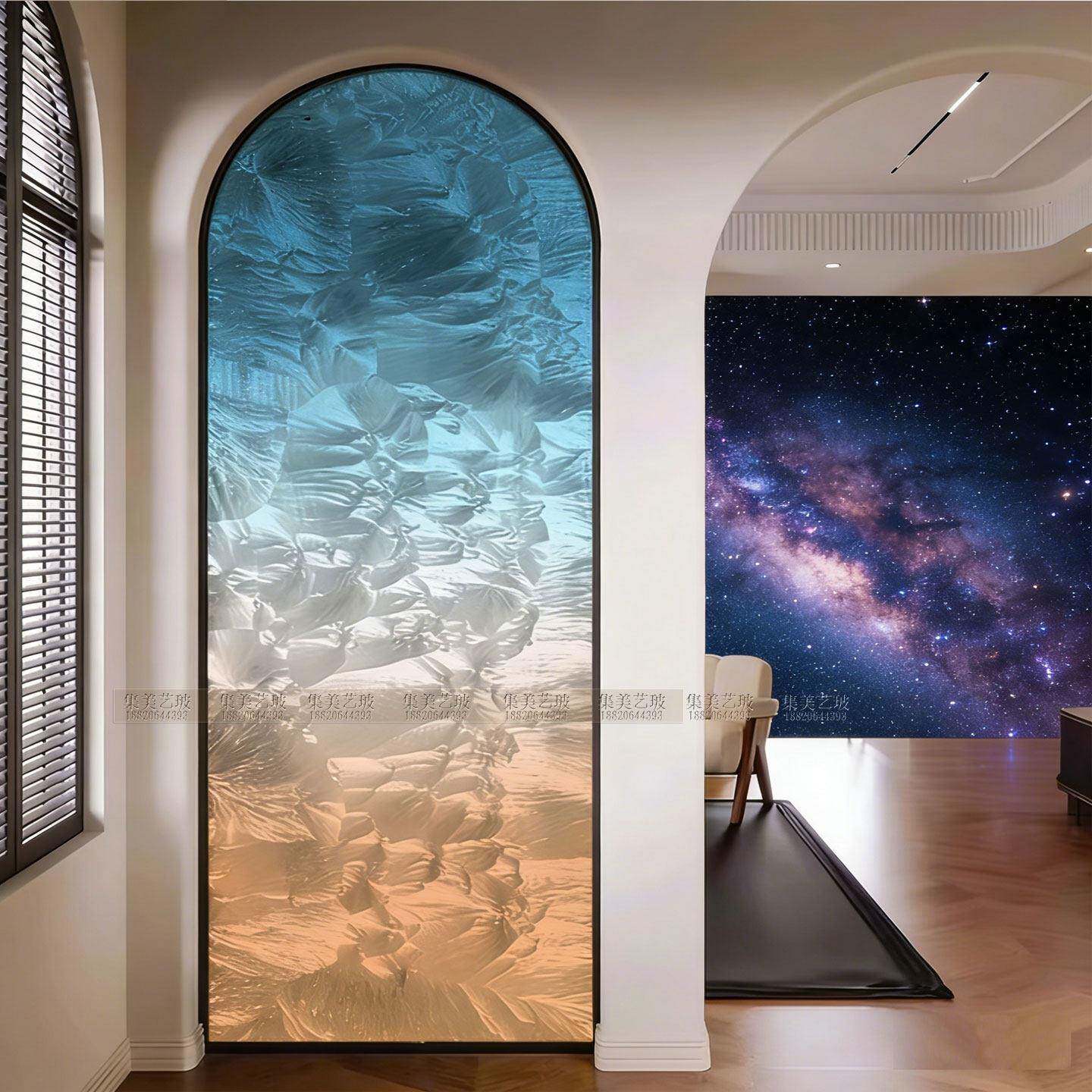 简约现代手工珐琅彩玄关隔断艺术玻璃屏风酒店客厅过道不锈钢旋转