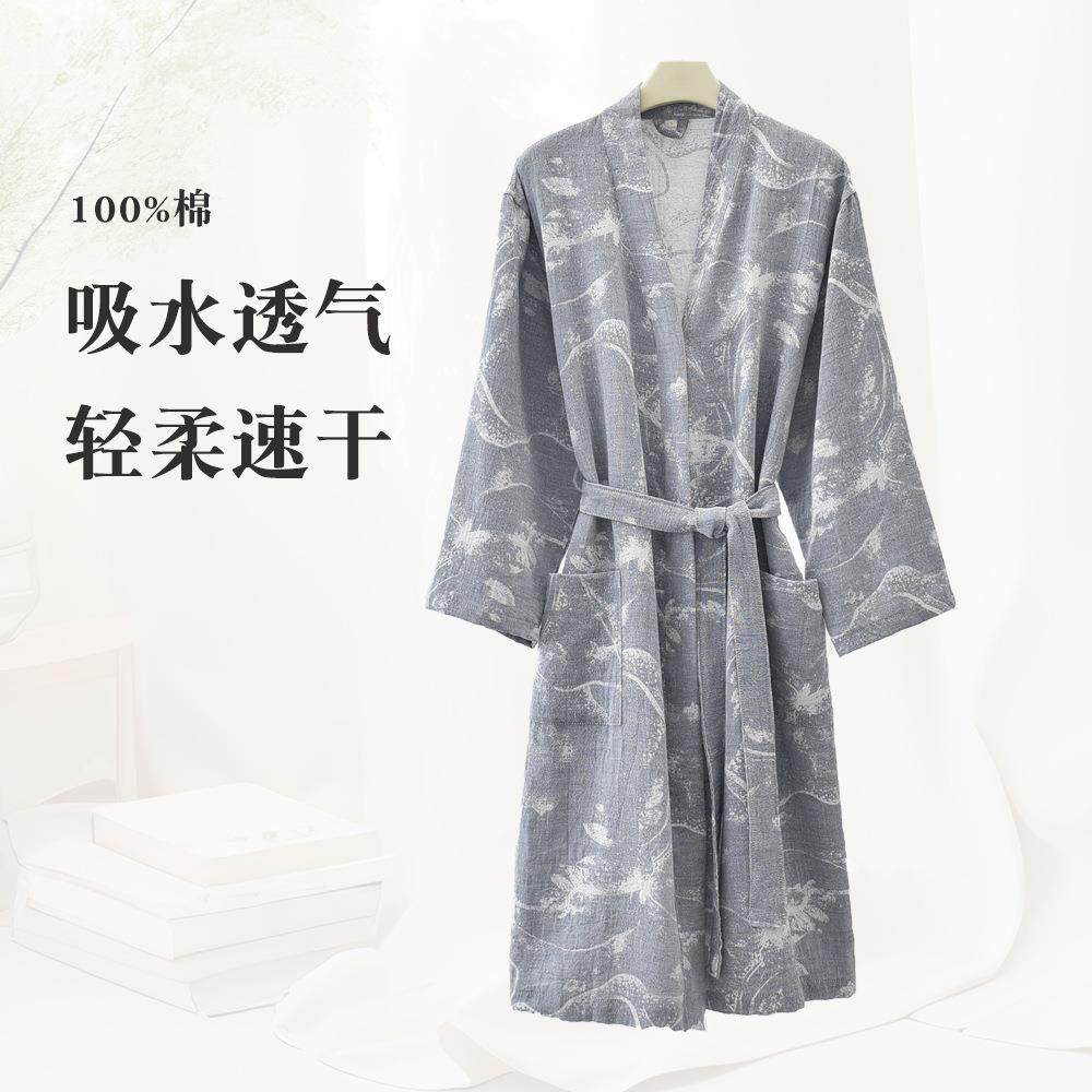 纯棉色织提花睡袍宽松男士长款日式和服200斤大码系带浴衣汗蒸服